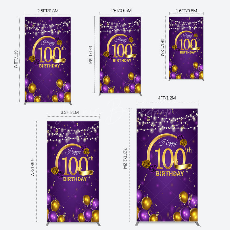 Lofaris Purple Gold Balloons 100th Birthday Rectangle Backdrop