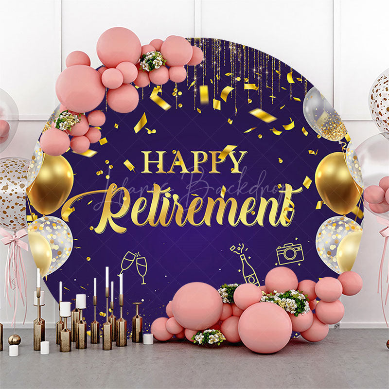 Lofaris Purple Gold Balloons Ribbon Round Retirement Backdrop