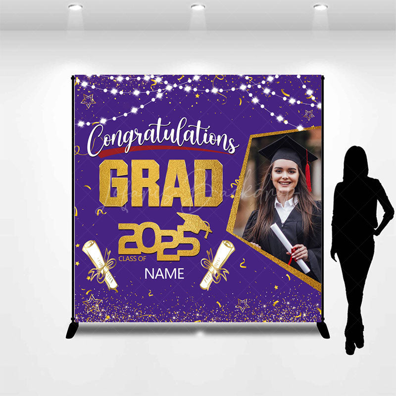 Lofaris Purple Gold Congrats Grad Custom Photo Name Backdrop