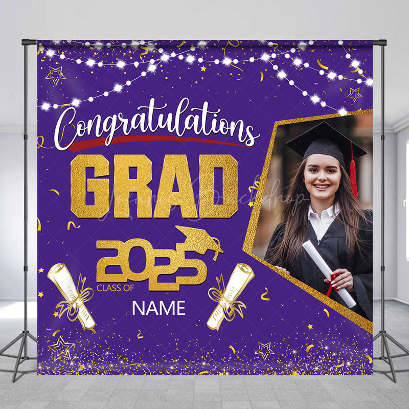 Lofaris Purple Gold Congrats Grad Custom Photo Name Backdrop
