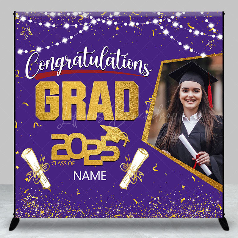 Lofaris Purple Gold Congrats Grad Custom Photo Name Backdrop