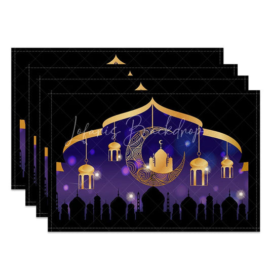 Lofaris Purple Gold Ramadan Set of 4 Placemats Ornate Moon and Lanterns Mosque Silhouette Eid Mubarak Table Mats