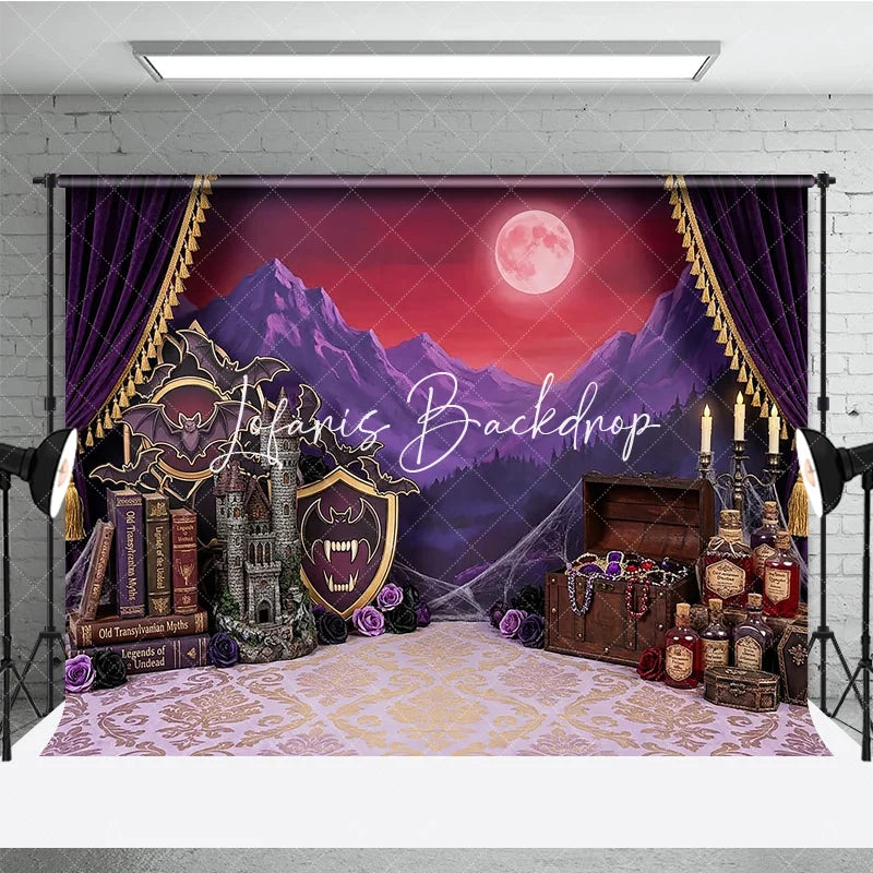 Lofaris Purple Gothic Castle Full Moon Photography Backdrop Vampire Halloween Party Decor with Bats and Treasure Chest