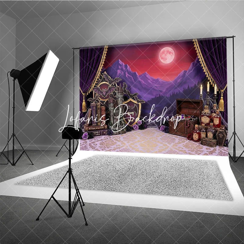 Lofaris Purple Gothic Castle Full Moon Photography Backdrop Vampire Halloween Party Decor with Bats and Treasure Chest