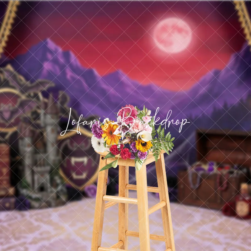 Lofaris Purple Gothic Castle Full Moon Photography Backdrop Vampire Halloween Party Decor with Bats and Treasure Chest
