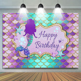 Lofaris Purple Green Mermaid Scales Happy Birthday Backdrop