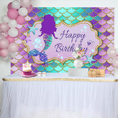 Lofaris Purple Green Mermaid Scales Happy Birthday Backdrop