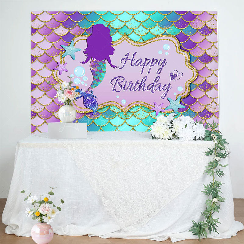 Lofaris Purple Green Mermaid Scales Happy Birthday Backdrop