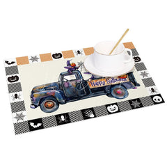 Lofaris Purple Halloween Gnome Truck Set of 4 Placemats with Plaid Border for Fun and Spooky Farmhouse Decor