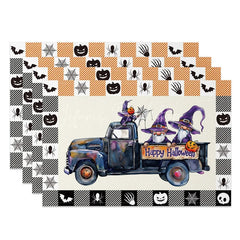 Lofaris Purple Halloween Gnome Truck Set of 4 Placemats with Plaid Border for Fun and Spooky Farmhouse Decor