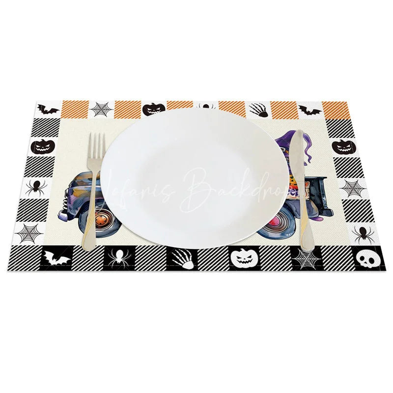 Lofaris Purple Halloween Gnome Truck Set of 4 Placemats with Plaid Border for Fun and Spooky Farmhouse Decor