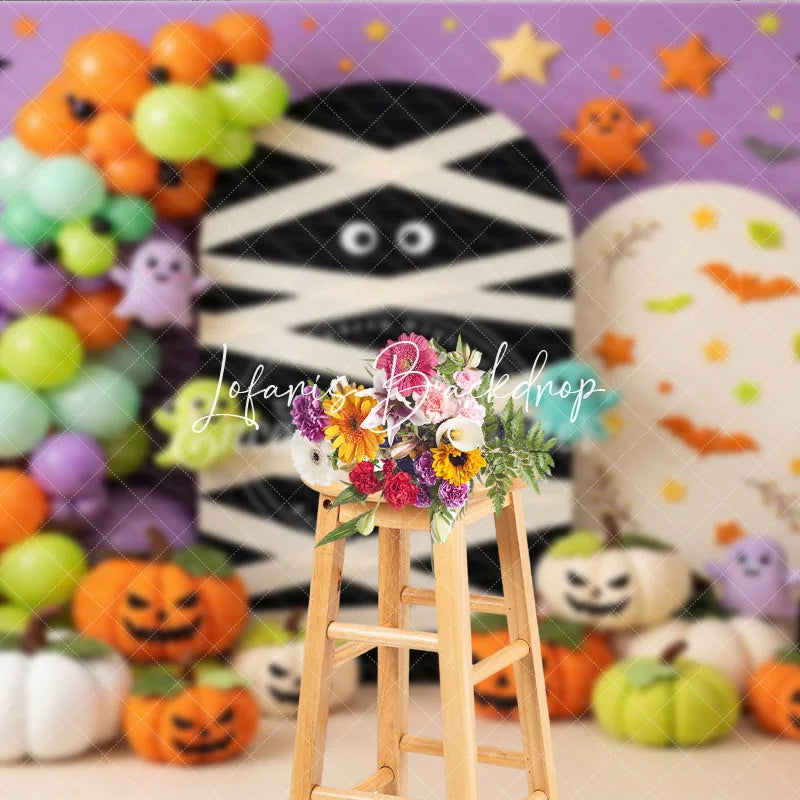 Lofaris Purple Halloween Photography Backdrop with Mummy Cute Ghosts Jack-o’-Lanterns and Balloons Autumn Party Decor