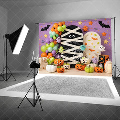 Lofaris Purple Halloween Photography Backdrop with Mummy Cute Ghosts Jack-o’-Lanterns and Balloons Autumn Party Decor