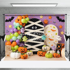 Lofaris Purple Halloween Photography Backdrop with Mummy Cute Ghosts Jack-o’-Lanterns and Balloons Autumn Party Decor