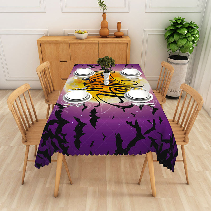 Lofaris Purple Halloween Rectangle Tablecloth with Black Moon and Bats for Spooky Night Gothic Party Decor