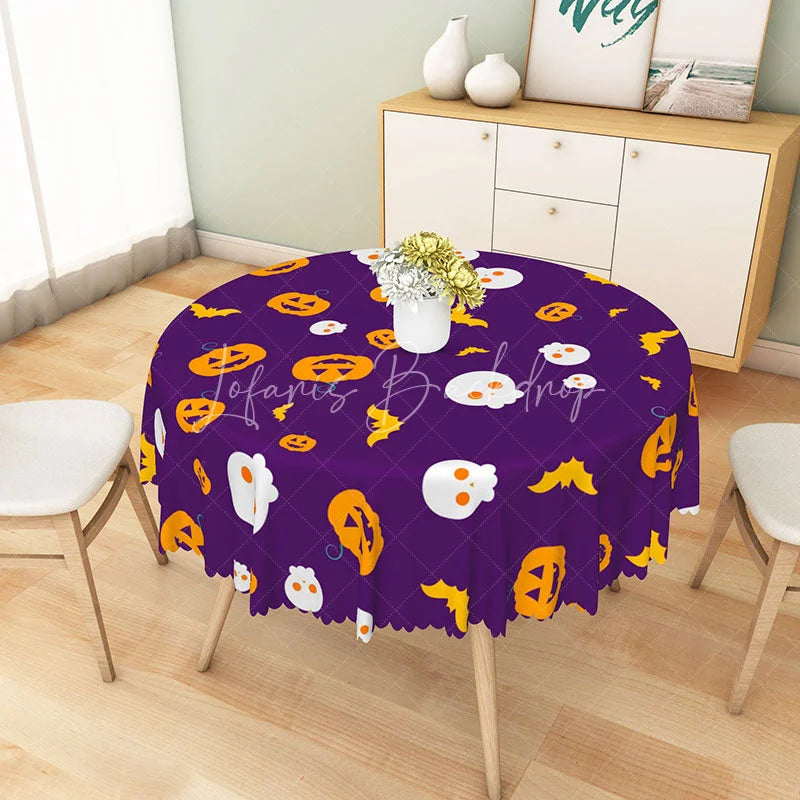 Lofaris Purple Halloween Round Tablecloth with Jack-o’-Lanterns and Skulls for Spooky Fun Party Decor