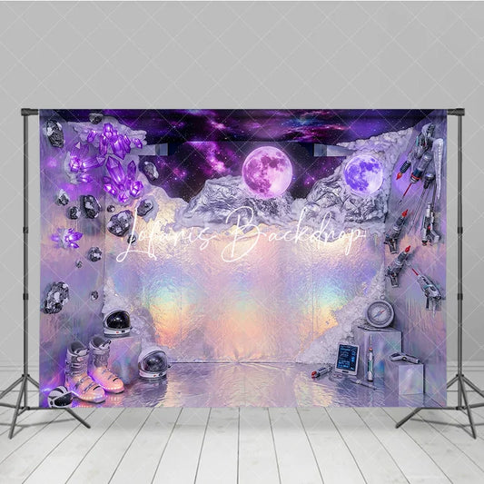 Lofaris Purple Holographic Iridescent Space Galaxy Photography Backdrop Luminous Moons and Crystals Futuristic Sci-fi Theme