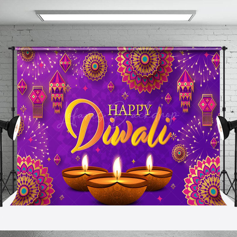 Lofaris Purple Lanterns Diyas Floral Happy Diwali Backdrop