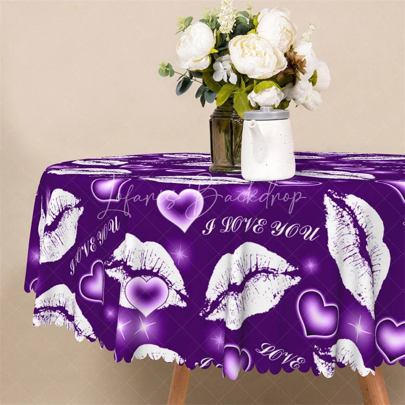 Lofaris Purple Lip I Love You Round Tablecloth Kiss Mark Heart Pattern Table Cover for Date Night