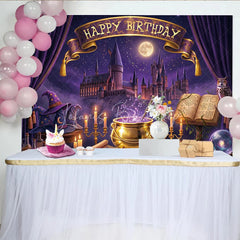 Lofaris Purple Magical Castle Birthday Backdrop Enchanted Night Sky with Wizard Hats and Happy Banner.