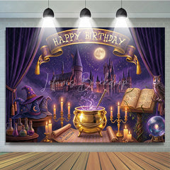 Lofaris Purple Magical Castle Birthday Backdrop Enchanted Night Sky with Wizard Hats and Happy Banner.