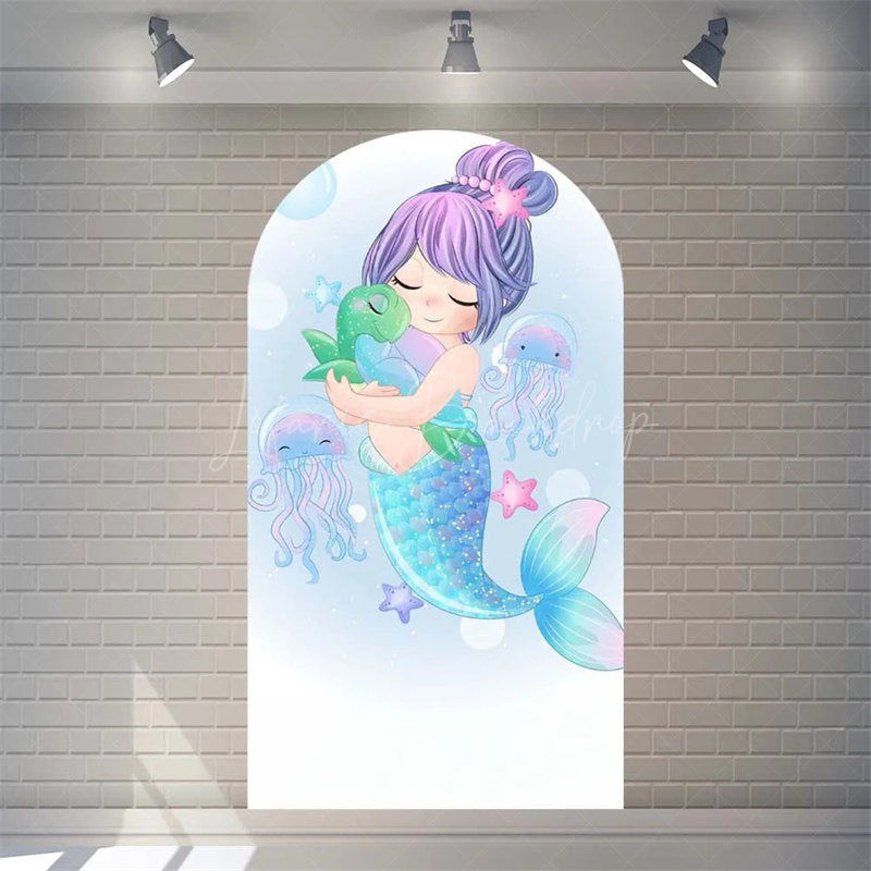 Lofaris Purple Mermaid Princess Arch Backdrop Shimmery Underwater Sea Birthday Decor Girls Party Photo Prop with Shells Bubbles