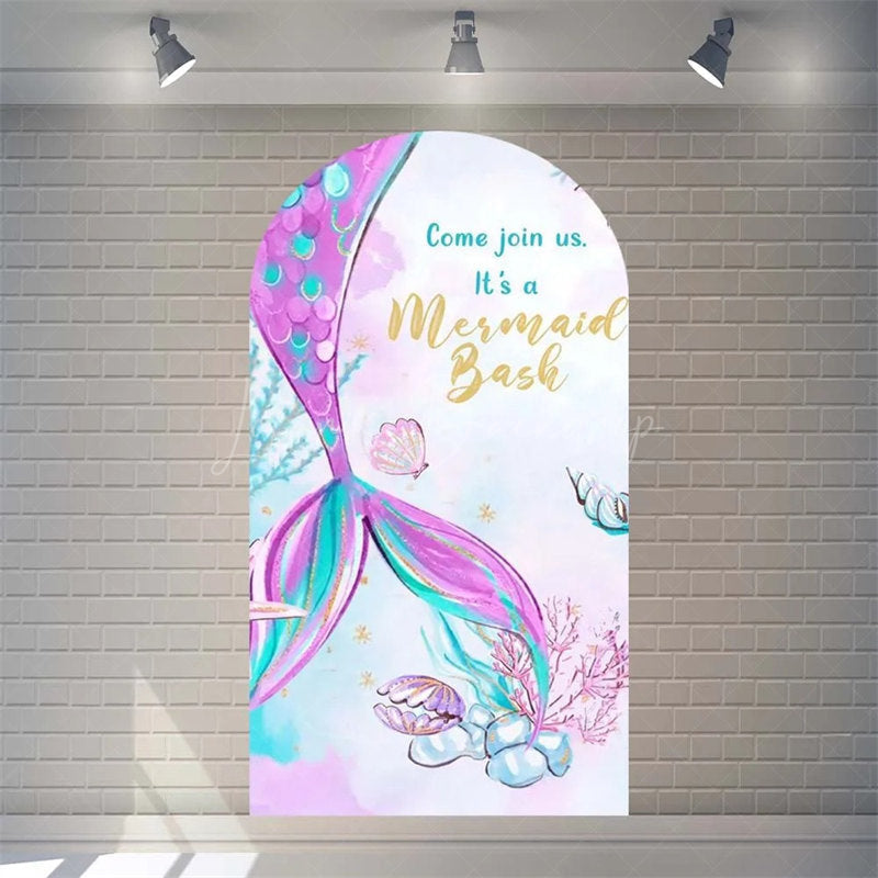 Lofaris Purple Mermaid Princess Arch Backdrop Shimmery Underwater Sea Birthday Decor Girls Party Photo Prop with Shells Bubbles