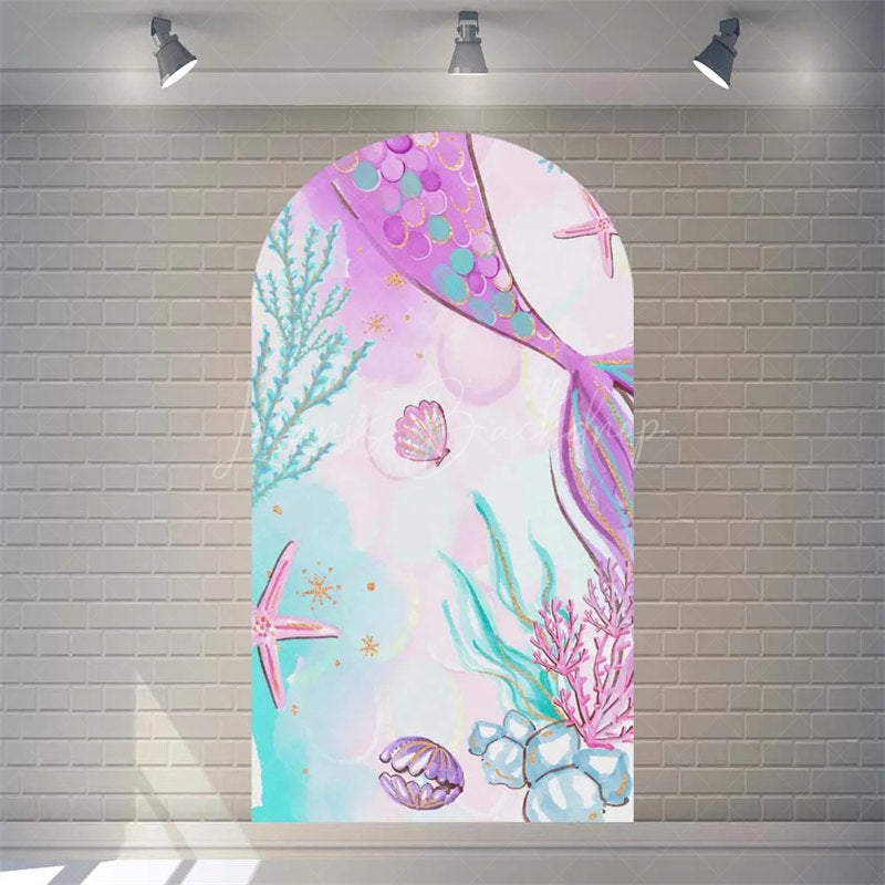Lofaris Purple Mermaid Princess Arch Backdrop Shimmery Underwater Sea Birthday Decor Girls Party Photo Prop with Shells Bubbles