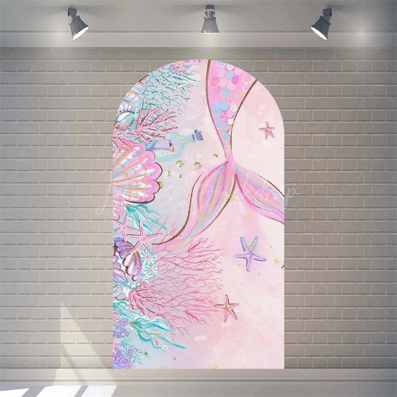 Lofaris Purple Mermaid Princess Arch Backdrop Shimmery Underwater Sea Birthday Decor Girls Party Photo Prop with Shells Bubbles