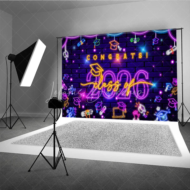 Lofaris Purple Neon Brick Wall Congrats Class of 2026 Backdrop
