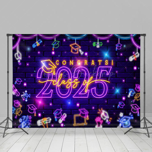 Lofaris Purple Neon Brick Wall Congrats Class of 2025 Backdrop