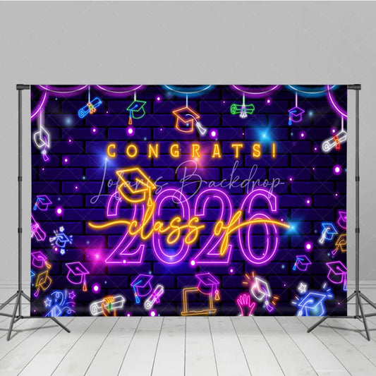 Lofaris Purple Neon Brick Wall Congrats Class of 2026 Backdrop
