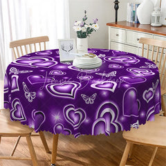Lofaris Purple Neon Heart Butterfly Round Tablecloth Glowing Romantic Love Table Cover for Dinner