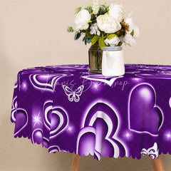 Lofaris Purple Neon Heart Butterfly Round Tablecloth Glowing Romantic Love Table Cover for Dinner