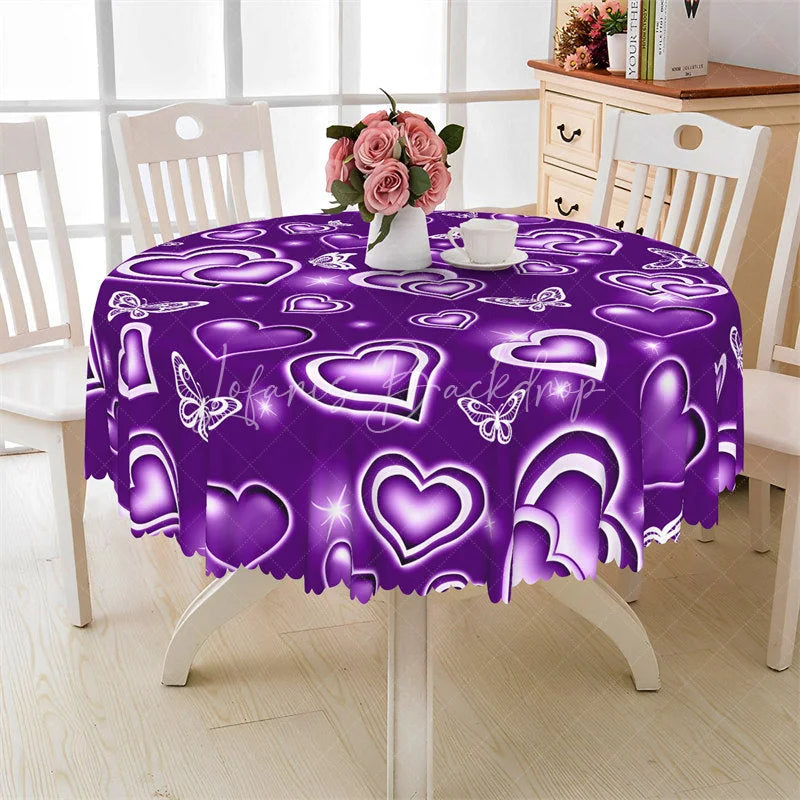 Lofaris Purple Neon Heart Butterfly Round Tablecloth Glowing Romantic Love Table Cover for Dinner