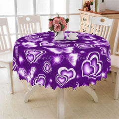 Lofaris Purple Neon Heart Butterfly Round Tablecloth Magical Glowing Love Table Cover for Dinner