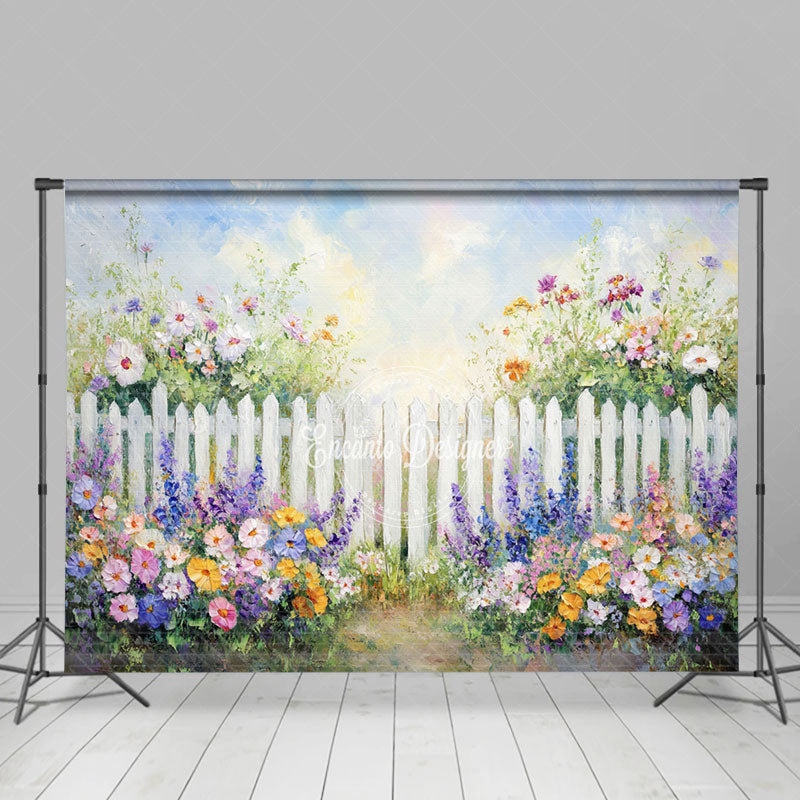 Lofaris Purple Oil Floral White Fence Spring Photo Backdrop