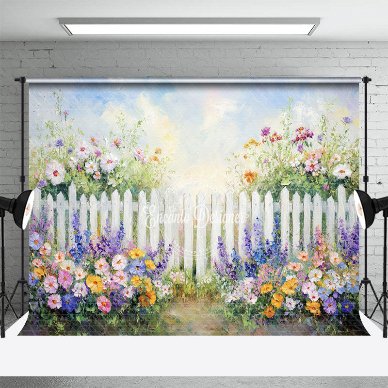 Lofaris Purple Oil Floral White Fence Spring Photo Backdrop