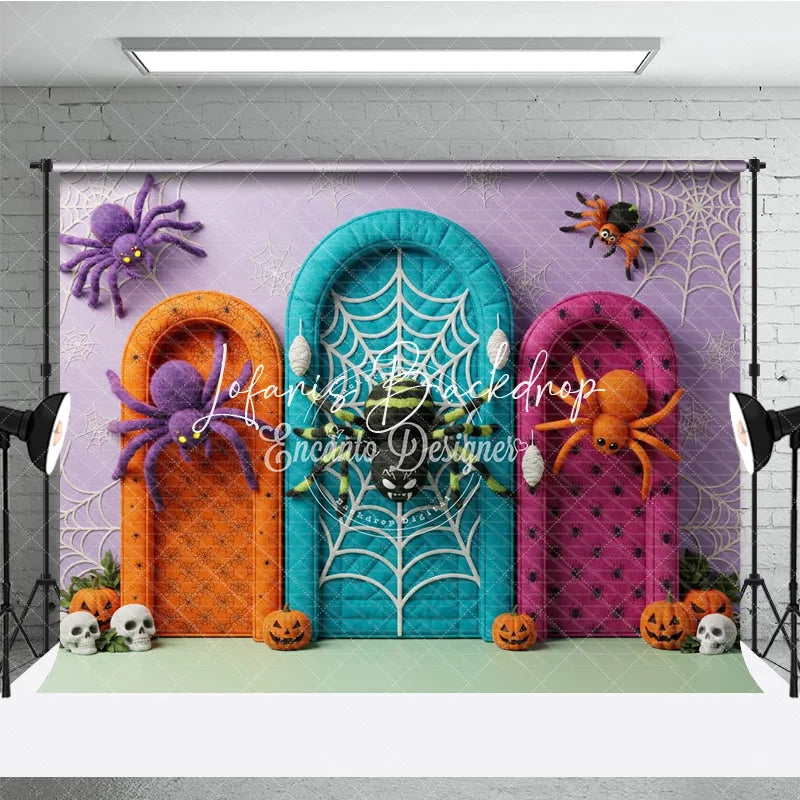 Lofaris Purple Orange Teal Pink Halloween Spiders and Arched Doors Backdrop Spooky Party Decor with Pumpkins Skulls