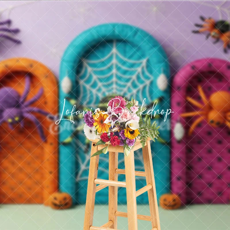 Lofaris Purple Orange Teal Pink Halloween Spiders and Arched Doors Backdrop Spooky Party Decor with Pumpkins Skulls