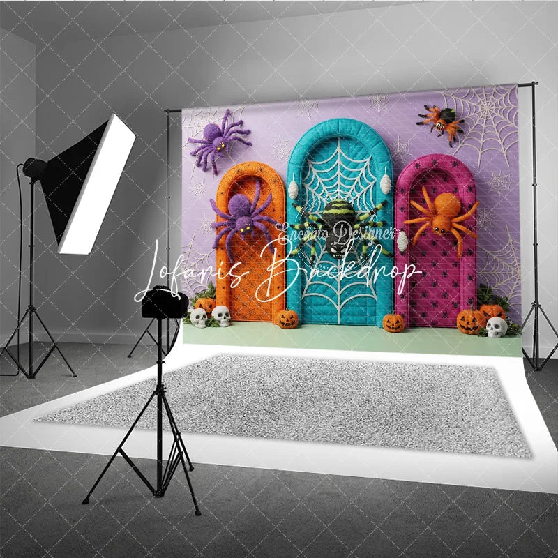 Lofaris Purple Orange Teal Pink Halloween Spiders and Arched Doors Backdrop Spooky Party Decor with Pumpkins Skulls
