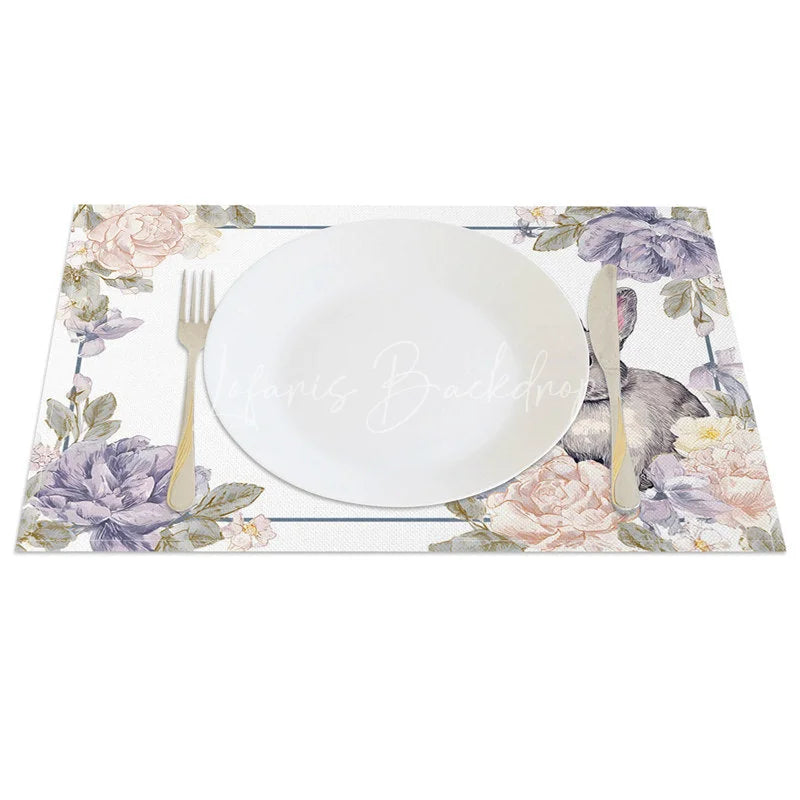 Lofaris Purple Peony Grey Bunny Set of 4 Placemats Blue Line Floral Rabbit Table Mats for Dining Room