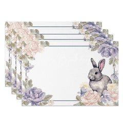 Lofaris Purple Peony Grey Bunny Set of 4 Placemats Blue Line Floral Rabbit Table Mats for Dining Room