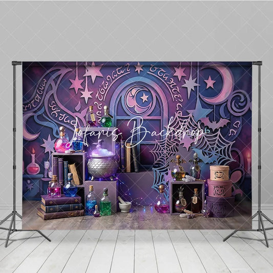 Lofaris Purple Pink Blue Magic Wizard Potion Cauldron Photography Backdrop Enchanted Halloween Party Decor with Stars and Moon