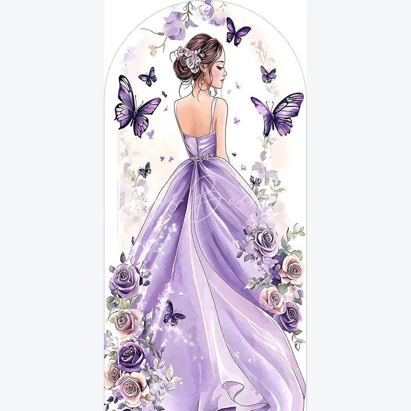 Lofaris Purple Quinceanera Butterfly Backdrop Elegant 15th Birthday Party Decor Floral Garden Photo Wall for Girls Celebration