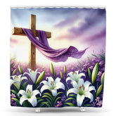 Lofaris Purple White Floral Sea Cross Easter Shower Curtain