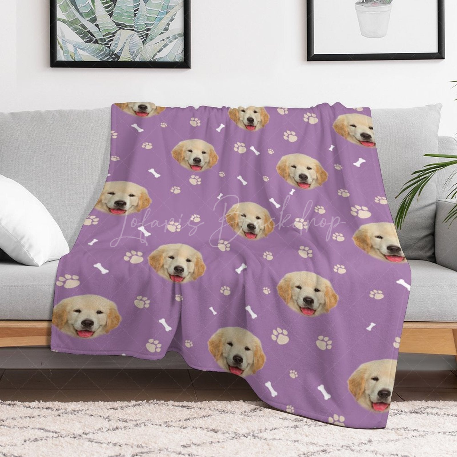 Lofaris Purple White Paw Print Bones Custom Pet Face Blanket