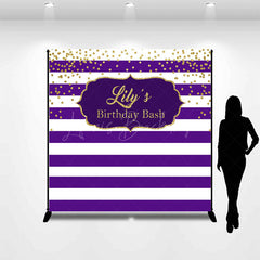Lofaris Purple White Stripe Gold Custom Name Birthday Backdrop