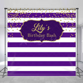 Lofaris Purple White Stripe Gold Custom Name Birthday Backdrop