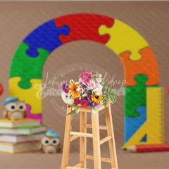 Lofaris Puzzle Arch Back To School Backdrop Colorful Jigsaw Pieces Cute Owls Books Background Kindergarten Photography